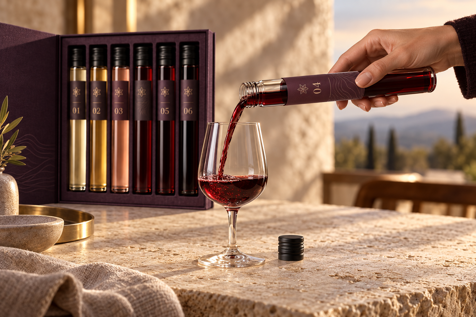 Wine poured from a tasting tube into a glass